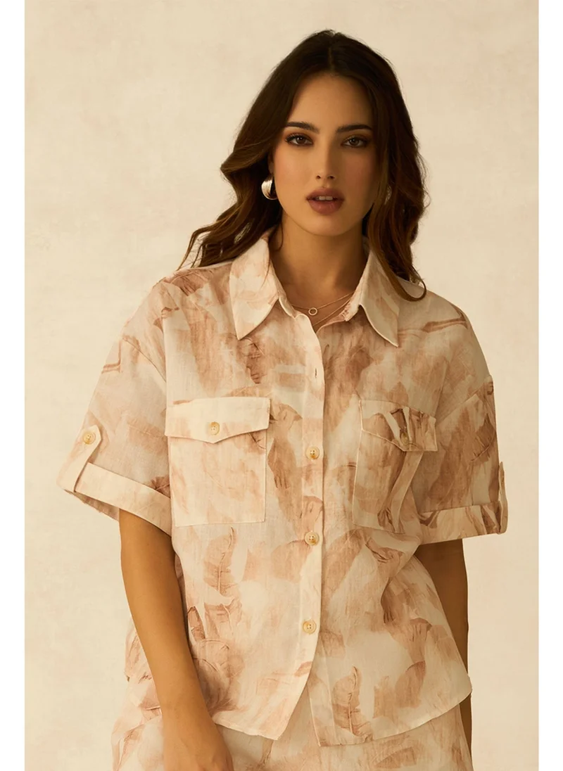 Virgio  Virgio Women Rescued Poly Shirt Collar Crop Length Tropical Roll-Up Sleeves Top for Women | Best Price UAE