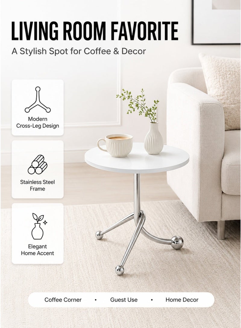 HUMJO Side Table for Sofa & Bed, Metal Frame End Table Coffee Snack Tray Table for Living Room Bedroom Office, Small Space Saving Design,Round Accent Table,White - Image 2