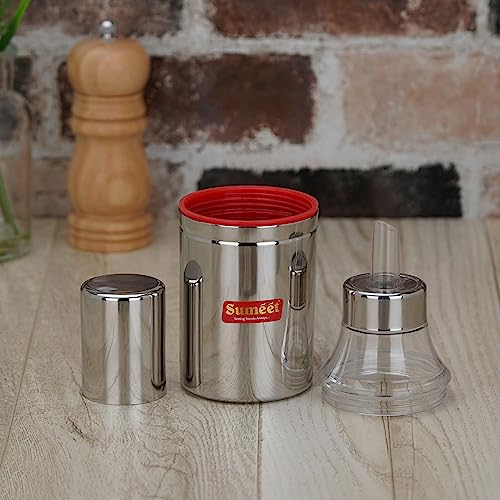 Sumeet Stainless Steel Nozzle Small Oil Dispenser and Container | Vinegar Bottle | Olive Oil Pourer | Oil Can, 350ML, Pack of 1, Silver - Image 3