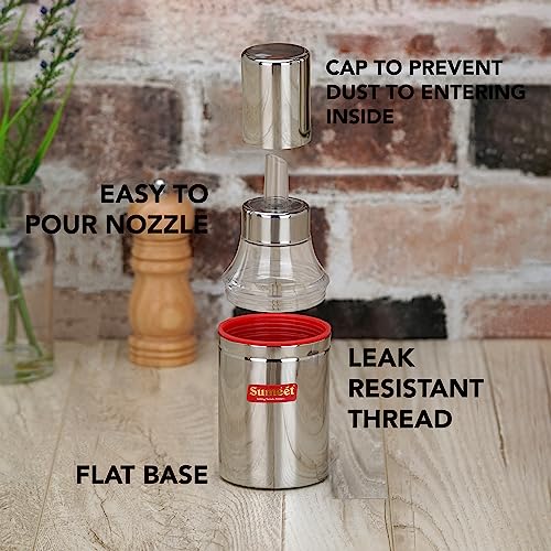 Sumeet Stainless Steel Nozzle Small Oil Dispenser and Container | Vinegar Bottle | Olive Oil Pourer | Oil Can, 350ML, Pack of 1, Silver - Image 2