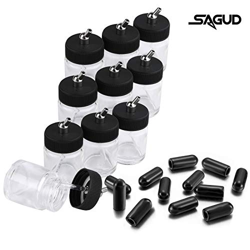 SAGUD 10pcs Glass Airbrush Bottles Kit 3/4 Ounce (20cc) Airbrush Jar with 10pcs Adapter Cap Covers Set and 30° Down Angle Adaptor Lid, Fits Dual–Action Siphon Feed Airbrushes - Image 2