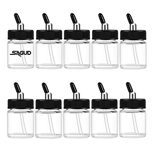 SAGUD 10pcs Glass Airbrush Bottles Kit 3/4 Ounce (20cc) Airbrush Jar with 10pcs Adapter Cap Covers Set and 30° Down Angle Adaptor Lid, Fits Dual–Action Siphon Feed Airbrushes - Image 1