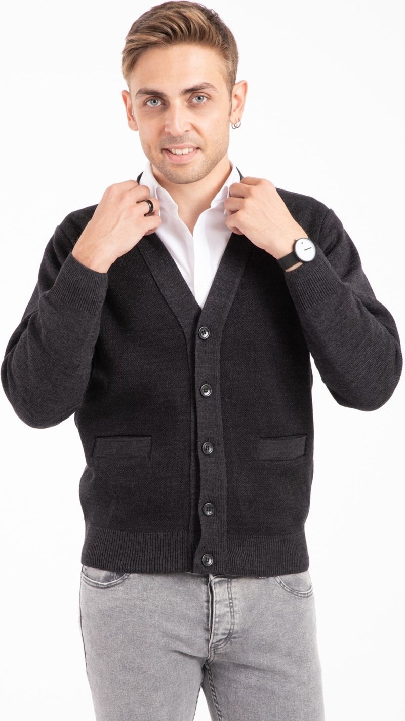 Mutlu City Men's Middle Age and Above Knitwear Knit Acrylic Winter Dad Cardigan 2062-Gray-Buttoned  - Image 1
