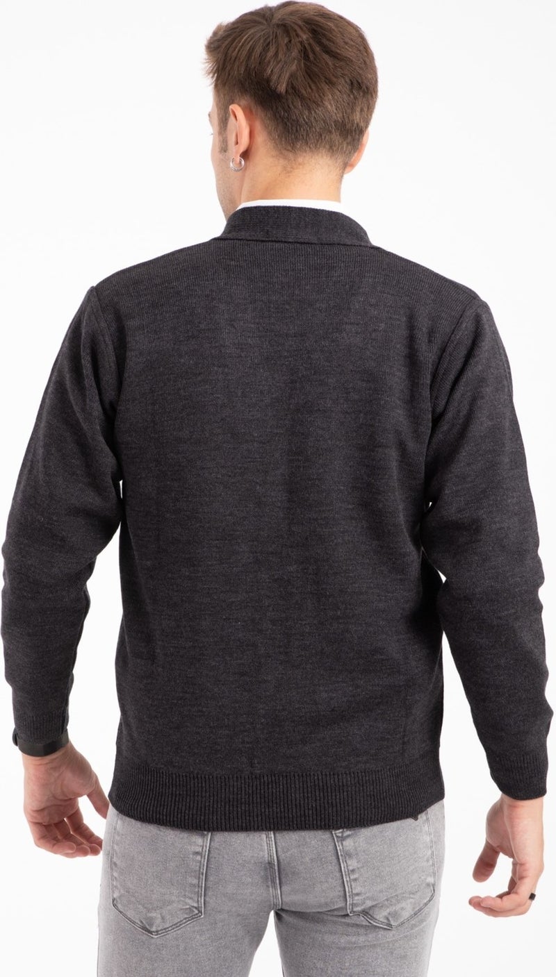 Mutlu City Men's Middle Age and Above Knitwear Knit Acrylic Winter Dad Cardigan 2062-Gray-Buttoned  - Image 3