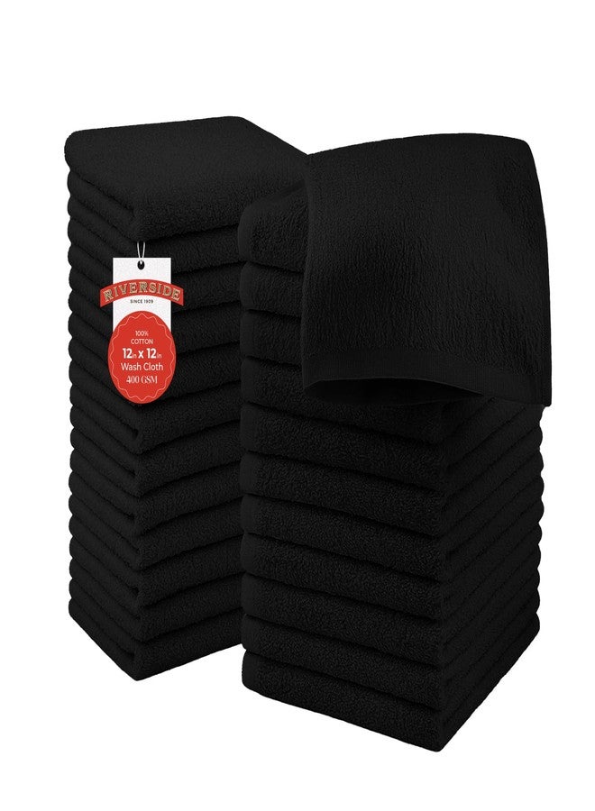 RIVERSIDE 24 Pack Washcloths Set - 100% Cotton [12x12 Inches] - Soft, Quick-Dry & Highly Absorbent Face Towels - Perfect for Bathroom, Gym, Hotel, Spa & Travel - Black - Image 1