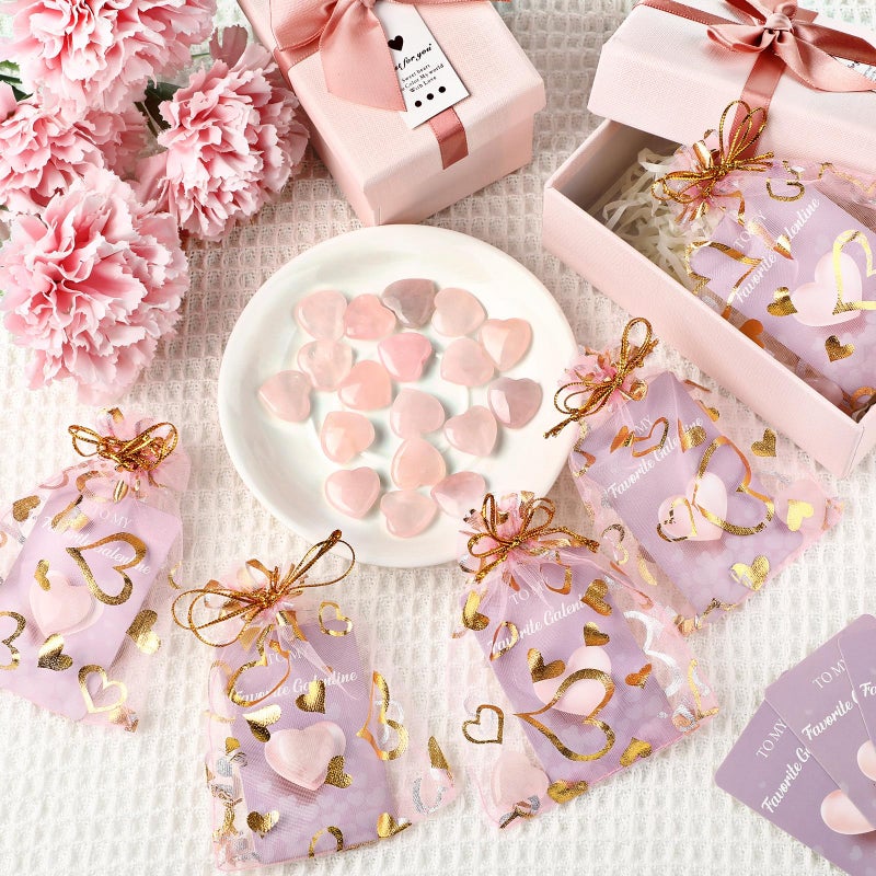Layhit 72 Pcs Valentines Galentine Gift Bulk Crystals Pink Rose Quartz Hearts Gifts Galentine Rose Quartz Mini Worry Stone Gemstones Organza Bag Card Heart Gift for Friends Bestie (Pink Crystal) - Image 4