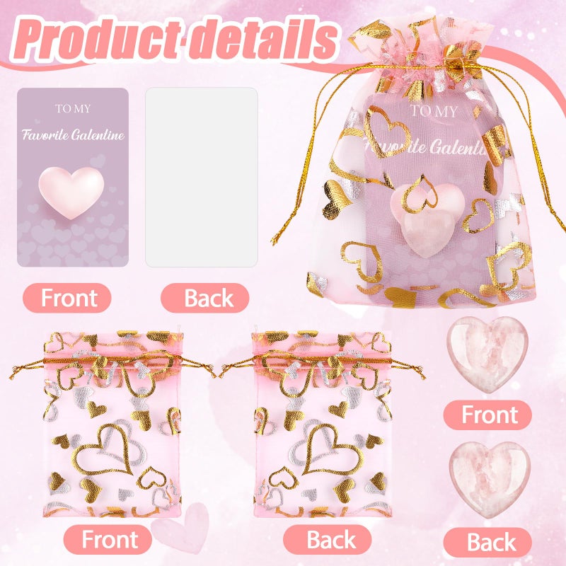 Layhit 72 Pcs Valentines Galentine Gift Bulk Crystals Pink Rose Quartz Hearts Gifts Galentine Rose Quartz Mini Worry Stone Gemstones Organza Bag Card Heart Gift for Friends Bestie (Pink Crystal) - Image 2