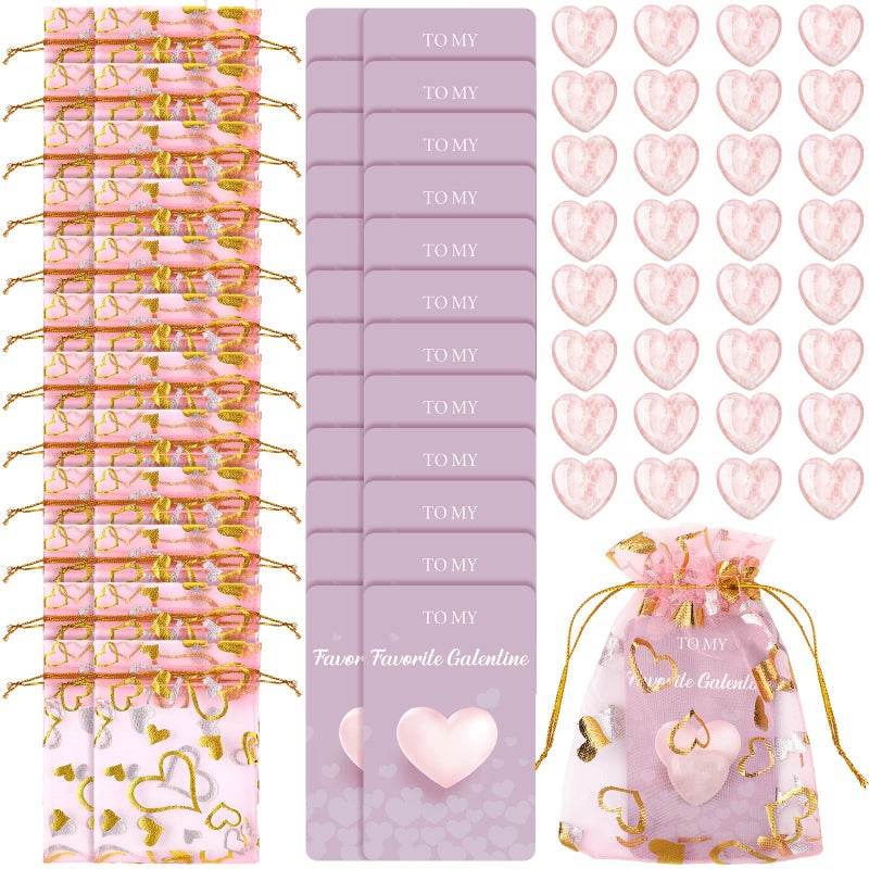 Layhit 72 Pcs Valentines Galentine Gift Bulk Crystals Pink Rose Quartz Hearts Gifts Galentine Rose Quartz Mini Worry Stone Gemstones Organza Bag Card Heart Gift for Friends Bestie (Pink Crystal) - Image 1