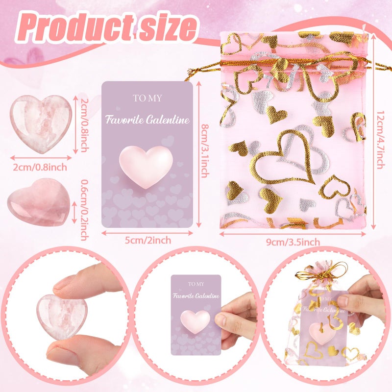 Layhit 72 Pcs Valentines Galentine Gift Bulk Crystals Pink Rose Quartz Hearts Gifts Galentine Rose Quartz Mini Worry Stone Gemstones Organza Bag Card Heart Gift for Friends Bestie (Pink Crystal) - Image 3