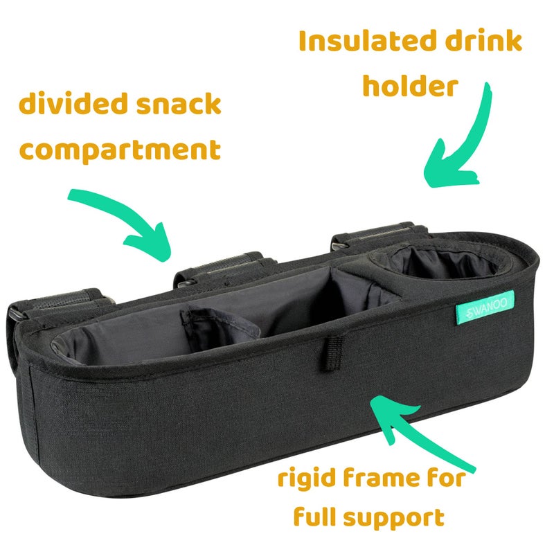 Swanoo Universal Stroller Tray with Insulated Sippy Cup Holder - Upgraded Rigid Frame Stays Upright - Exclusive Non Slip Straps Firmly Grip Stroller Bar. Universal Stroller Snack Tray Attachment - Image 3