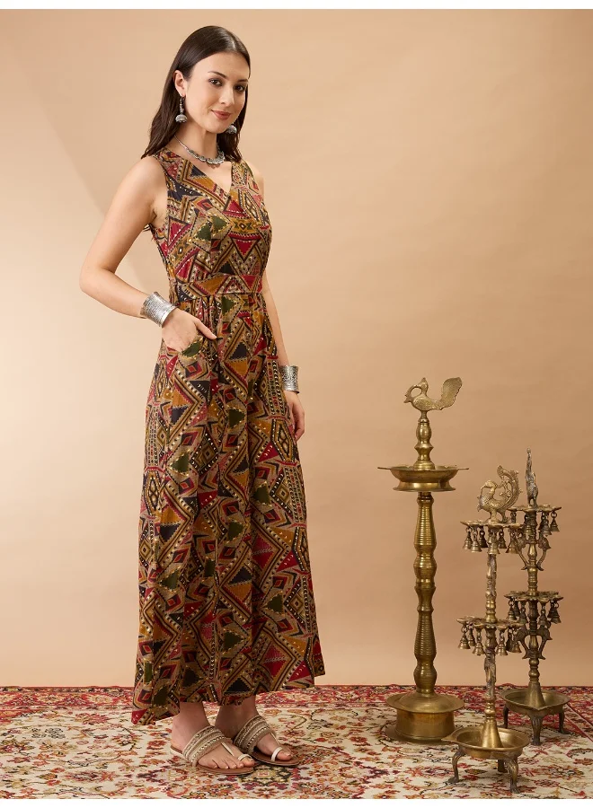 جلو باص Women Mustard Wrap V-Neck Sleeveless Tribal Print Flared Wide Leg Fusion Jumpsuit with Belt