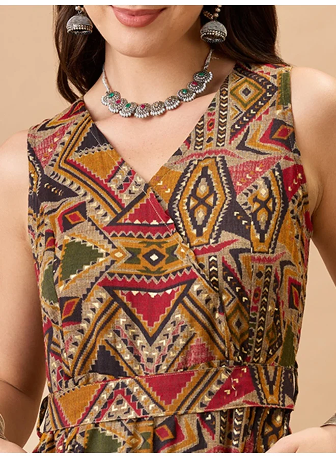 جلو باص Women Mustard Wrap V-Neck Sleeveless Tribal Print Flared Wide Leg Fusion Jumpsuit with Belt