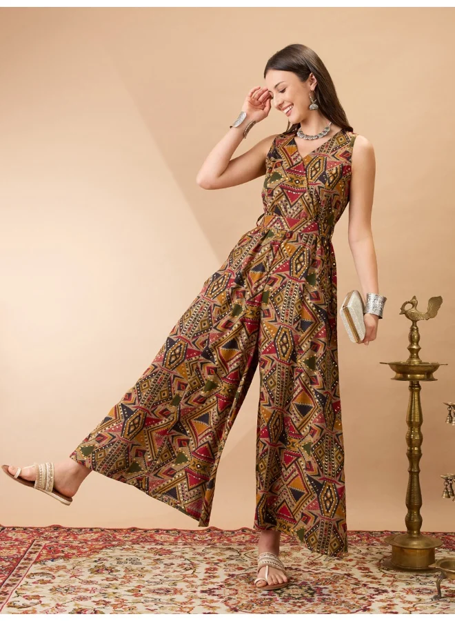 جلو باص Women Mustard Wrap V-Neck Sleeveless Tribal Print Flared Wide Leg Fusion Jumpsuit with Belt