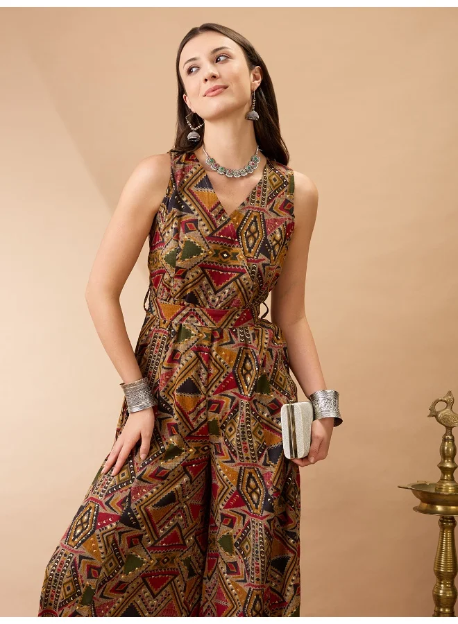 جلو باص Women Mustard Wrap V-Neck Sleeveless Tribal Print Flared Wide Leg Fusion Jumpsuit with Belt