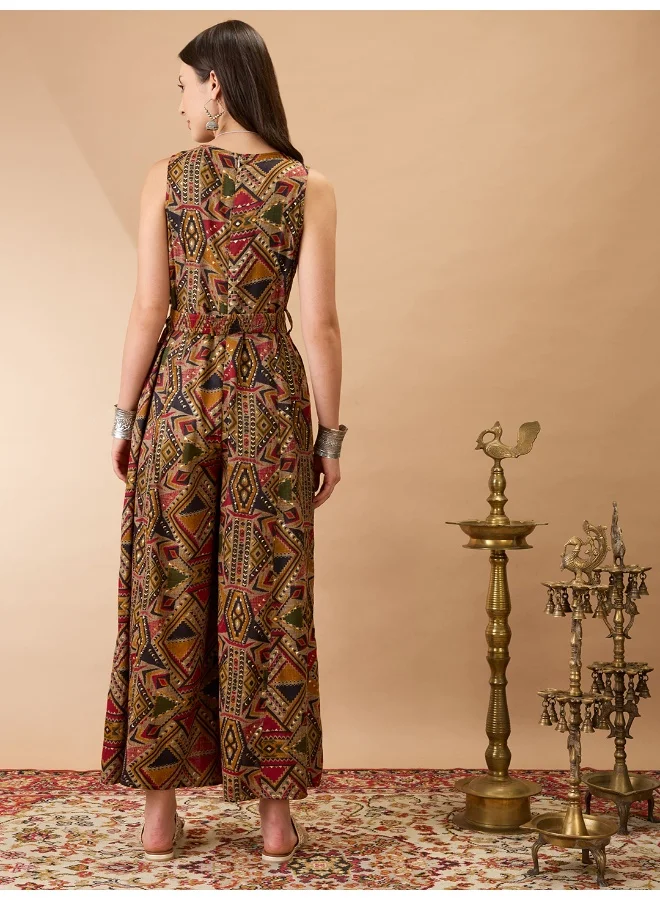 جلو باص Women Mustard Wrap V-Neck Sleeveless Tribal Print Flared Wide Leg Fusion Jumpsuit with Belt