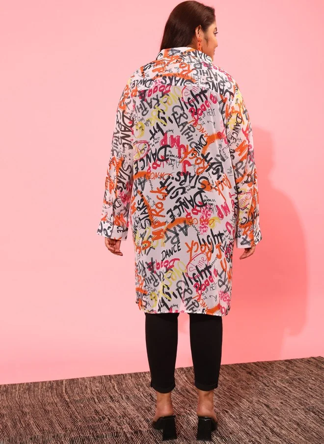 CURVY STREET Plus Size Typography Printed Sheer Casual Shirt for Women