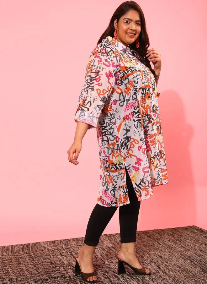 CURVY STREET Plus Size Typography Printed Sheer Casual Shirt for Women