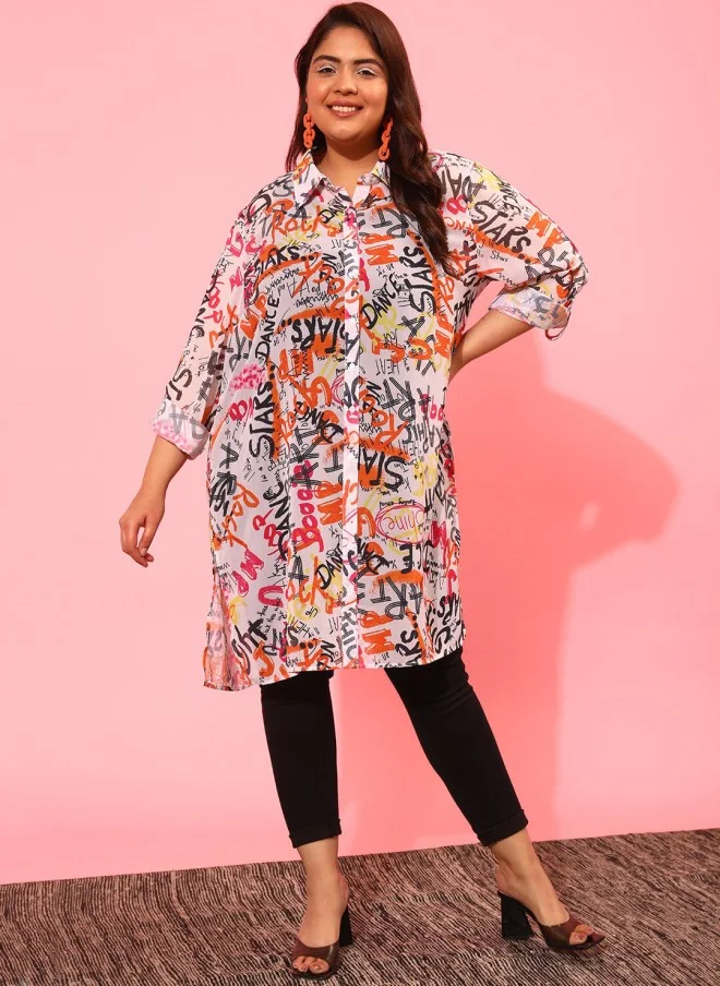 CURVY STREET Plus Size Typography Printed Sheer Casual Shirt for Women