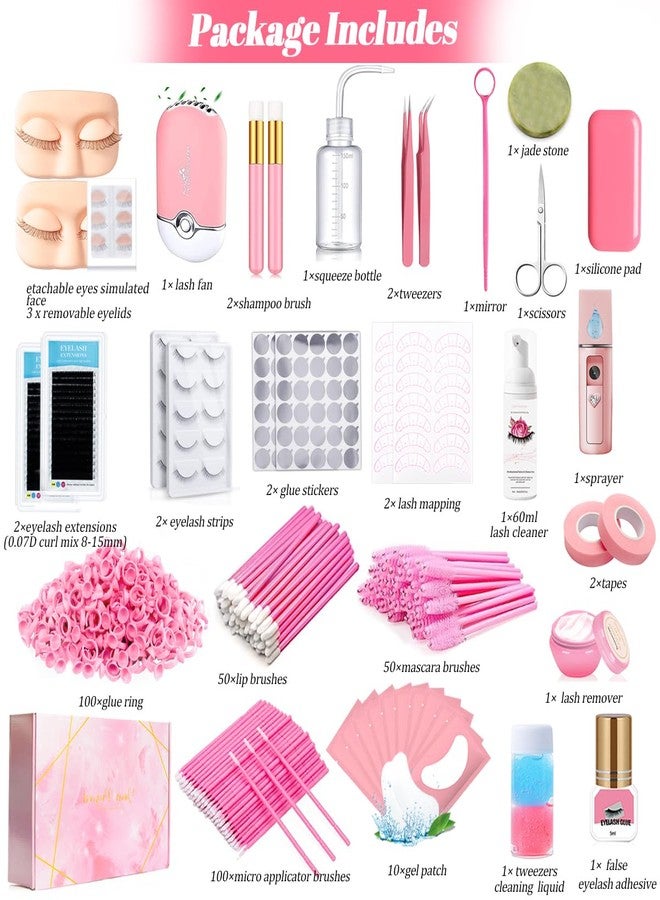 QUKLOGEN Lash Extension Kit for Beginners Lash Mannequin Head with Replaced Eyelids False Eyelashes Practice Eyelash Strips Facial Mister Tweezers Glue USB Fan Professional Set - Image 2