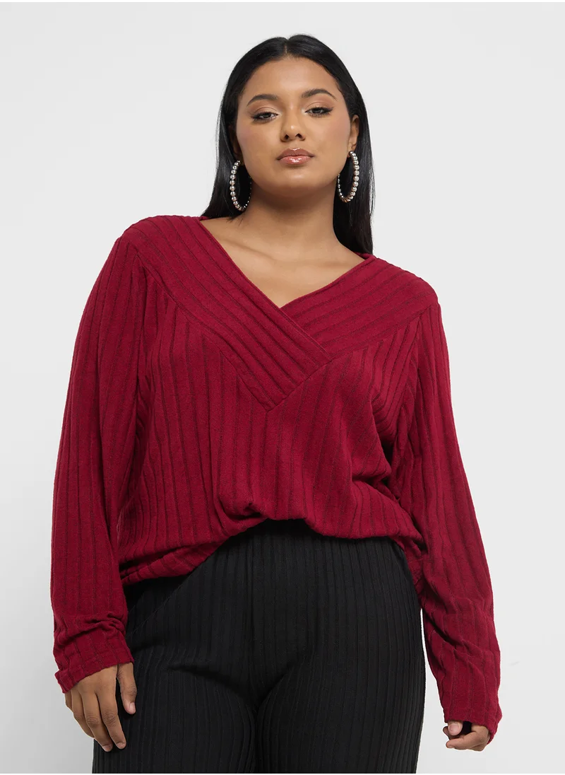 جينجر بلس Ribbed Knitted V Neck Sweater