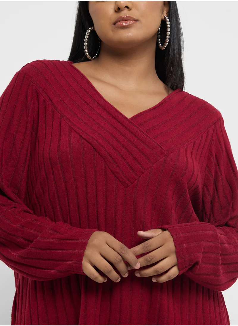 جينجر بلس Ribbed Knitted V Neck Sweater