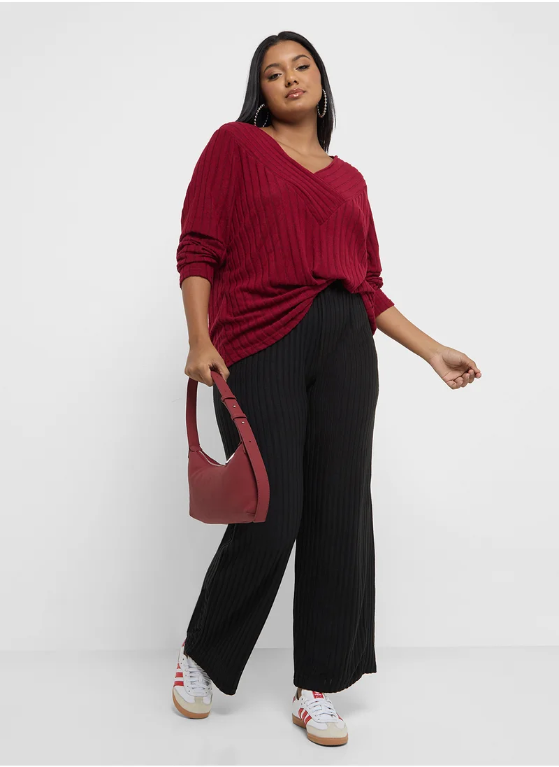 جينجر بلس Ribbed Knitted V Neck Sweater