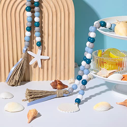 Janinka 2 Pcs Farmhouse Seashell Bead Garland with Tassels Decorative Beads Decor Nautical Farmhouse Tiered Tray Decorations Set Coastal Garland for Home and Kitchen, Wooden Beads - Image 2