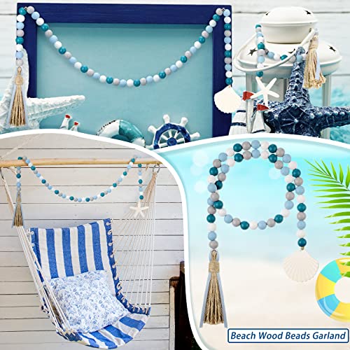 Janinka 2 Pcs Farmhouse Seashell Bead Garland with Tassels Decorative Beads Decor Nautical Farmhouse Tiered Tray Decorations Set Coastal Garland for Home and Kitchen, Wooden Beads - Image 4