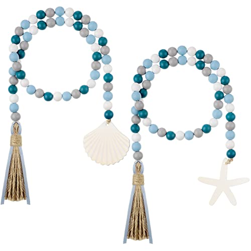 Janinka 2 Pcs Farmhouse Seashell Bead Garland with Tassels Decorative Beads Decor Nautical Farmhouse Tiered Tray Decorations Set Coastal Garland for Home and Kitchen, Wooden Beads - Image 1