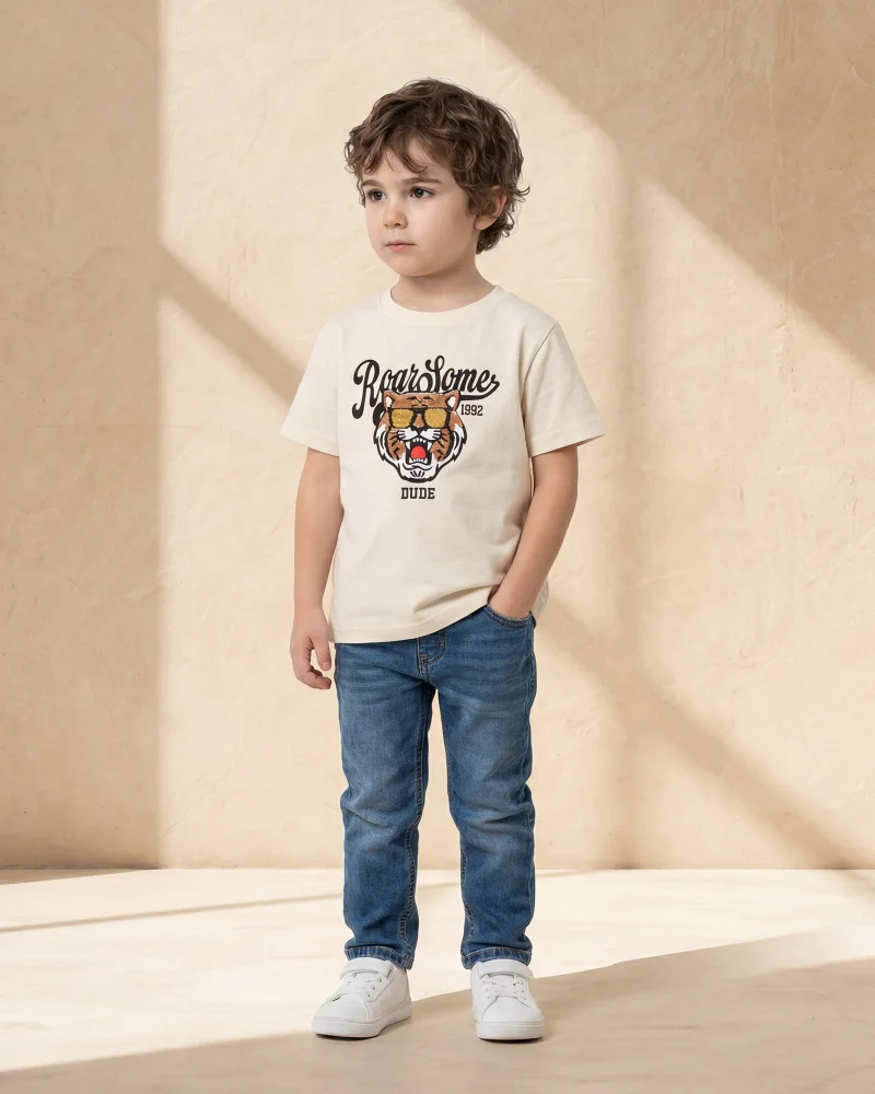 Redtag Boys Ivory Tiger Flip Sequin T Shirt