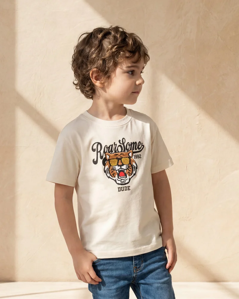 Redtag Boys Ivory Tiger Flip Sequin T Shirt