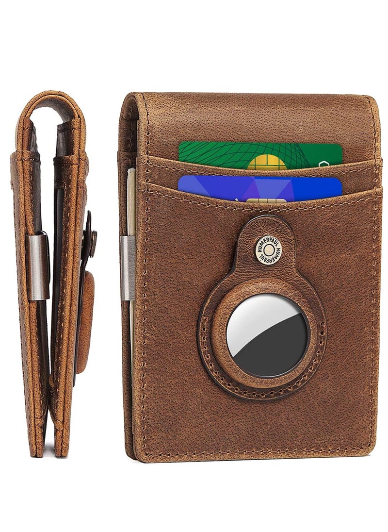 SYOSI - Leather Wallet, Mens Slim Wallet with Money Clip, Slim Mens Wallet with RFID Blocking, Front Pocket Wallet, Minimalist Wallet Brown - Image 1