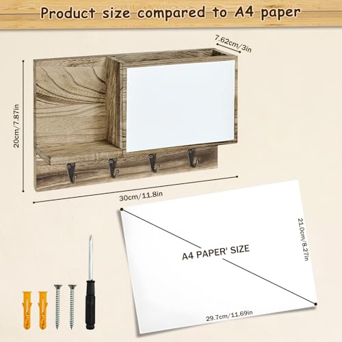 YINGXUN Rustic Mail and Key Holder wall Mount Brown Solid Wood with Magnetic Whiteboard 4 Hooks Entryway Organizer - Image 3