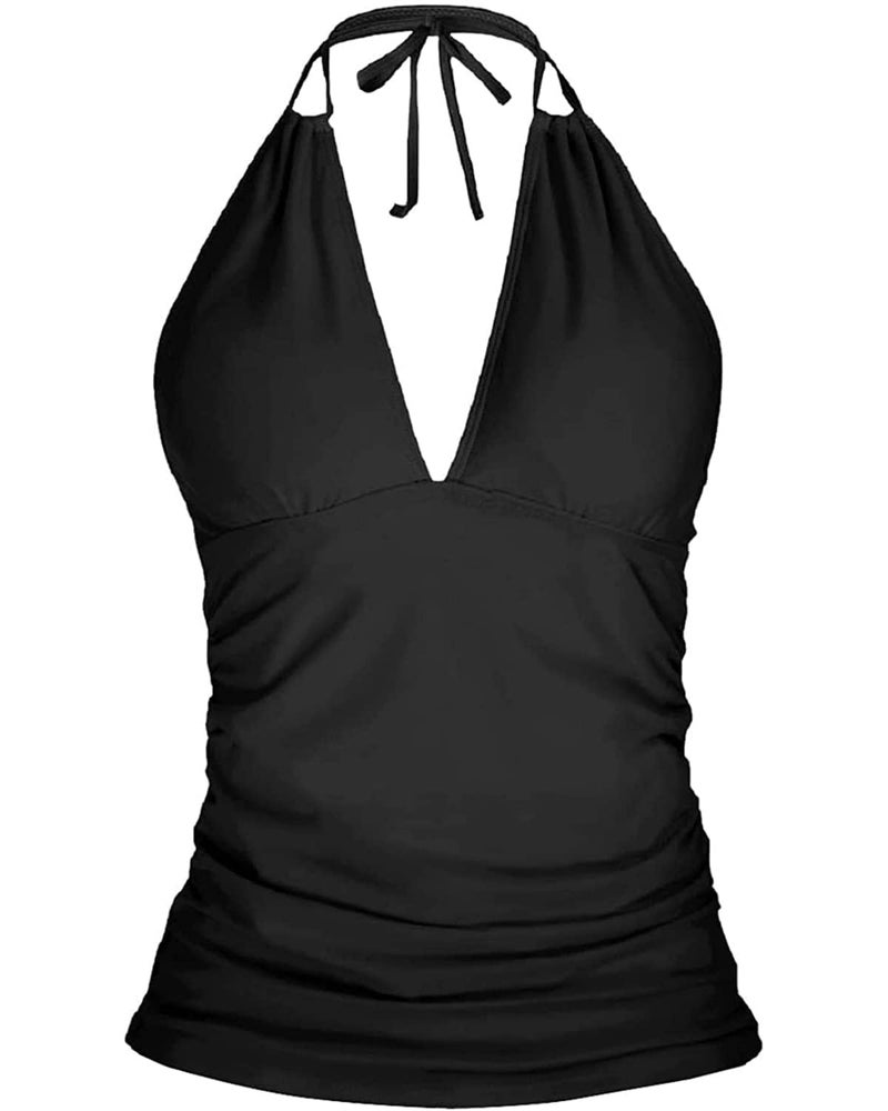 Yonique Women's Halter Tankini Top No Bottom V Neck Swim Top Tummy Control Bathing Suit Top Black XL - Image 1