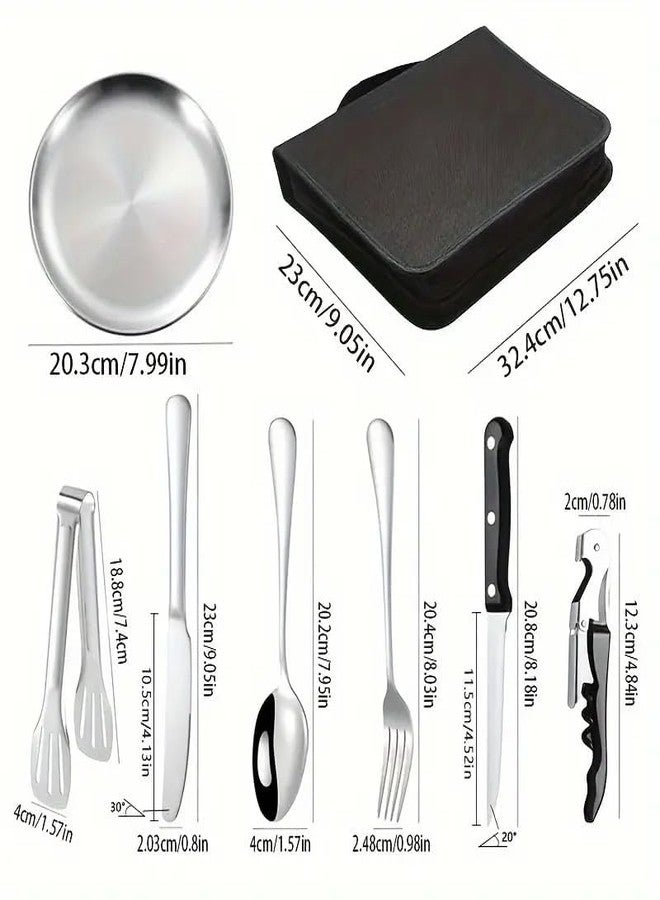 LOOKMINT Camping Cutlery Set for 4, Portable Picnic Cutlery Set, Stainless Steel Outdoor Tableware Organizer Spoons Forks Clip Plates Bottle Opener, Hiking Picnic Travel Cutlery Set - Image 2