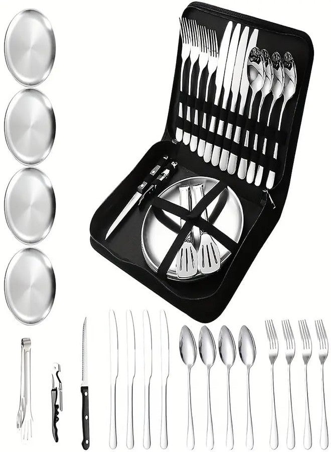 LOOKMINT Camping Cutlery Set for 4, Portable Picnic Cutlery Set, Stainless Steel Outdoor Tableware Organizer Spoons Forks Clip Plates Bottle Opener, Hiking Picnic Travel Cutlery Set - Image 1