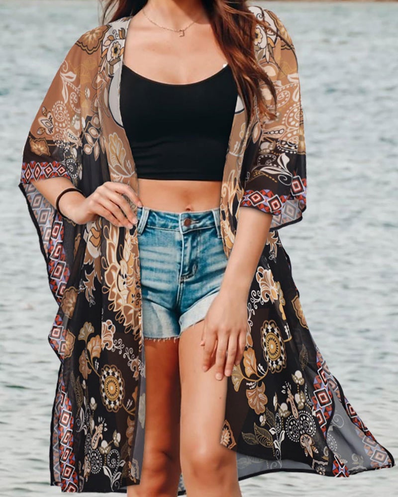 CHICGAL Women's Kimono Beach Coverups Summer Swimsuit Casual Loose Cardigans for Swimwear(Black Khaki Ethnic,M) - Image 2