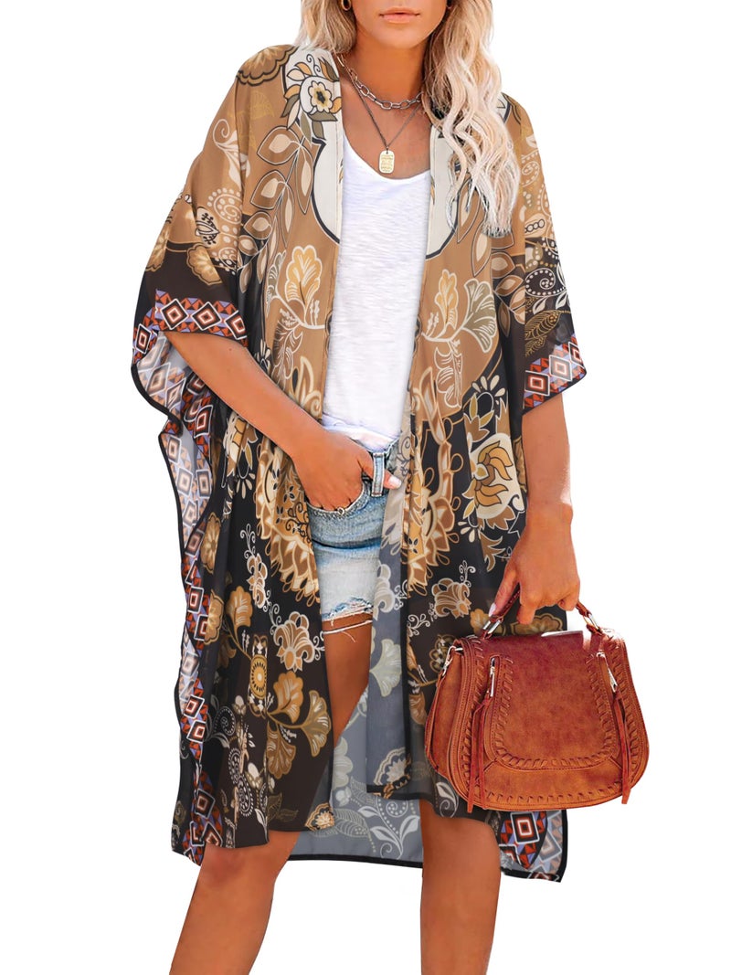 CHICGAL Women's Kimono Beach Coverups Summer Swimsuit Casual Loose Cardigans for Swimwear(Black Khaki Ethnic,M) - Image 1