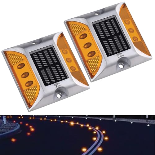 Epyz Solar Road Stud Light Outdoor Waterproof 6 LED Deck Lights for Driveway, Dock, Markers, Step, Staircase Ground, Sidewalk, Yard [ Aluminium Alloy] [ Pack of 2, Warm Yellow Flashing ] - Image 1
