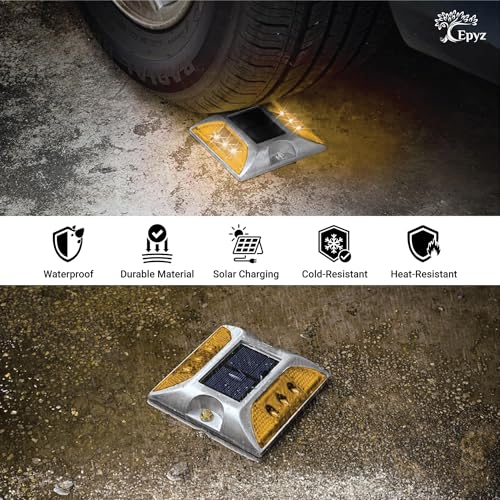 Epyz Solar Road Stud Light Outdoor Waterproof 6 LED Deck Lights for Driveway, Dock, Markers, Step, Staircase Ground, Sidewalk, Yard [ Aluminium Alloy] [ Pack of 2, Warm Yellow Flashing ] - Image 4