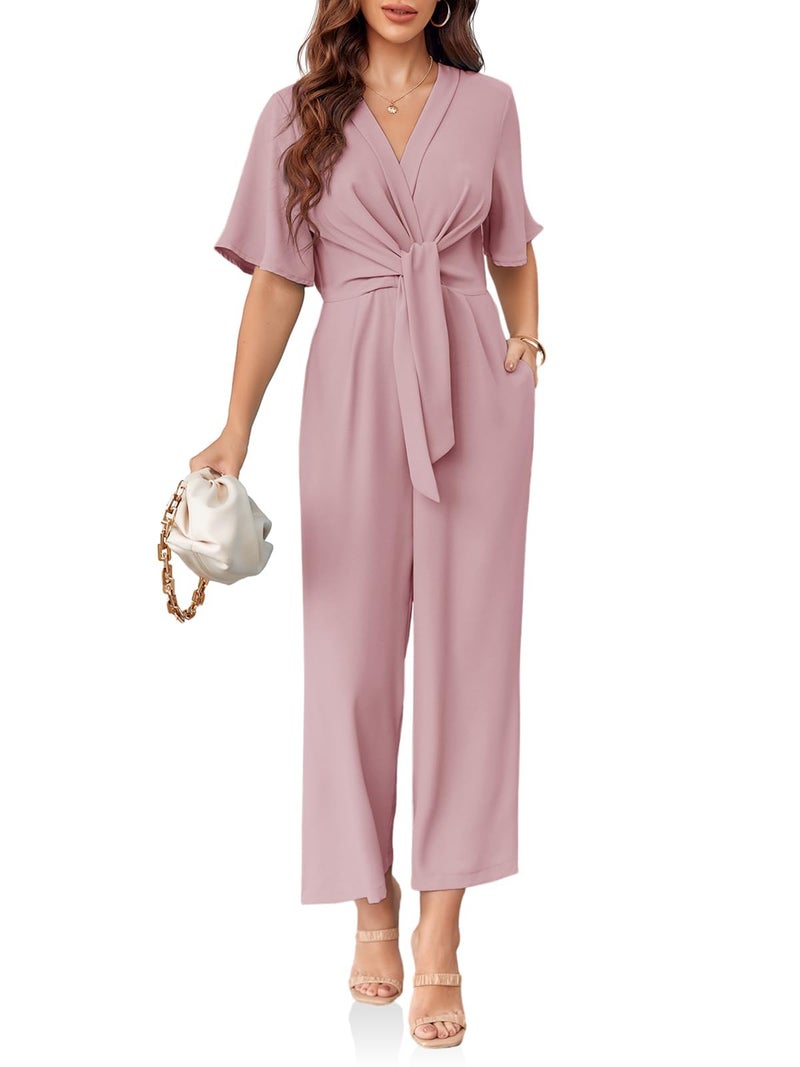 Cicy Bell Women's Elegant V Neck Jumpsuits Dressy Casual Short Sleeve Wide Leg Long Pants Rompers - Image 1