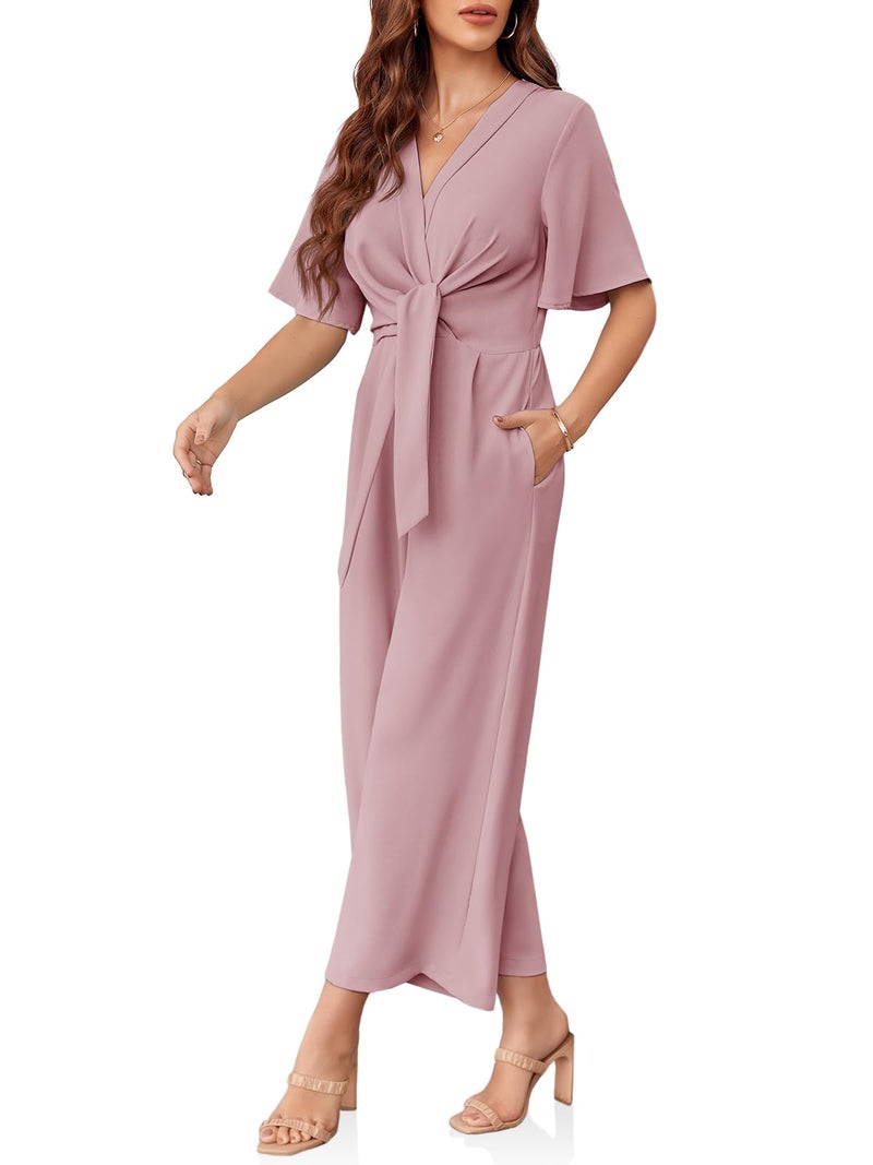 Cicy Bell Women's Elegant V Neck Jumpsuits Dressy Casual Short Sleeve Wide Leg Long Pants Rompers - Image 4