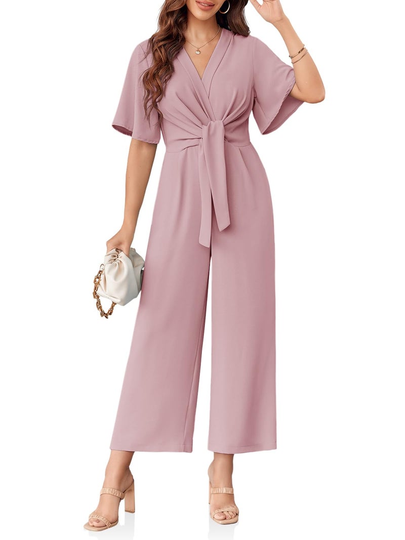 Cicy Bell Women's Elegant V Neck Jumpsuits Dressy Casual Short Sleeve Wide Leg Long Pants Rompers - Image 2