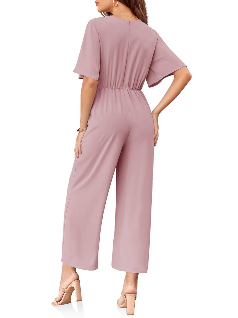 Cicy Bell Women's Elegant V Neck Jumpsuits Dressy Casual Short Sleeve Wide Leg Long Pants Rompers - Image 5