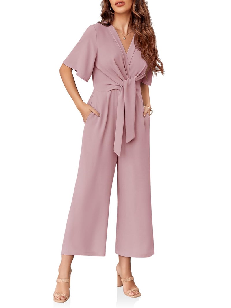 Cicy Bell Women's Elegant V Neck Jumpsuits Dressy Casual Short Sleeve Wide Leg Long Pants Rompers - Image 3