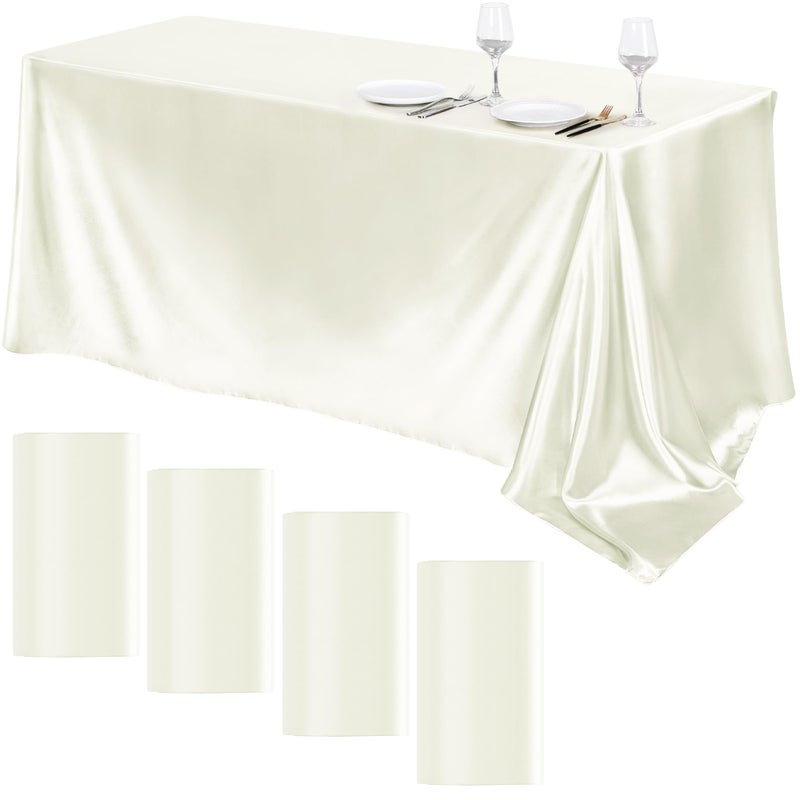 TURSTIN 4 Packs Satin Tablecloth 102 x 58 Inch Overlay Satin Table Cover Rectangle Bright Silk Tablecloth Smooth Fabric Table Decoration for Wedding Banquet Party Events, Ivory - Image 1
