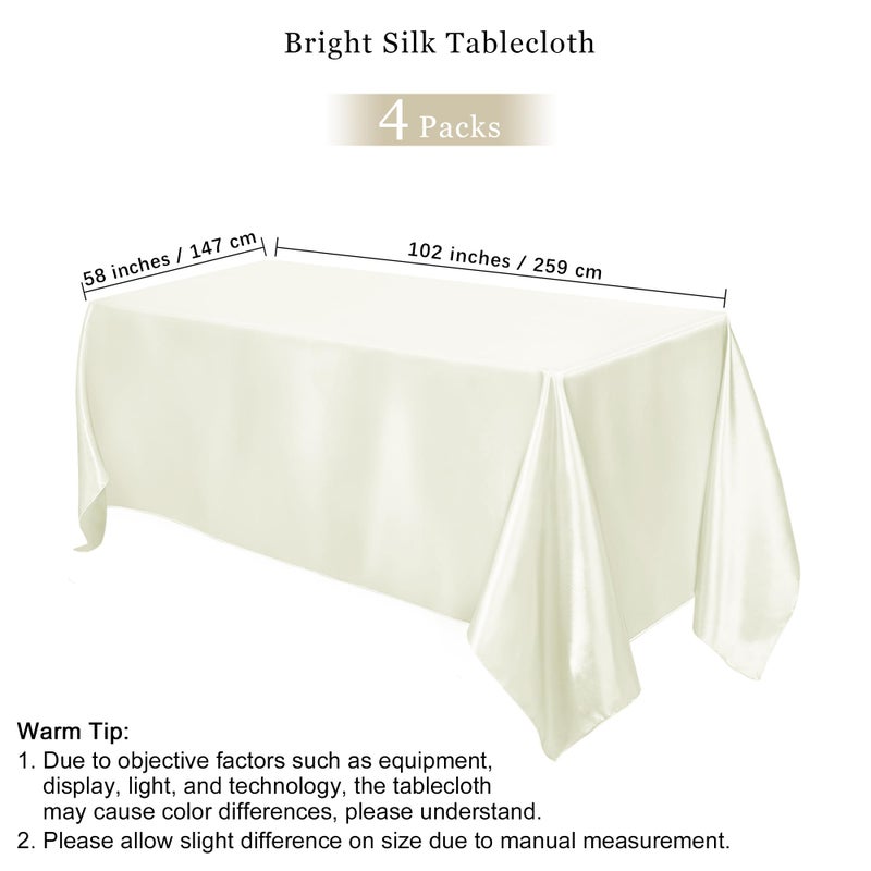 TURSTIN 4 Packs Satin Tablecloth 102 x 58 Inch Overlay Satin Table Cover Rectangle Bright Silk Tablecloth Smooth Fabric Table Decoration for Wedding Banquet Party Events, Ivory - Image 2