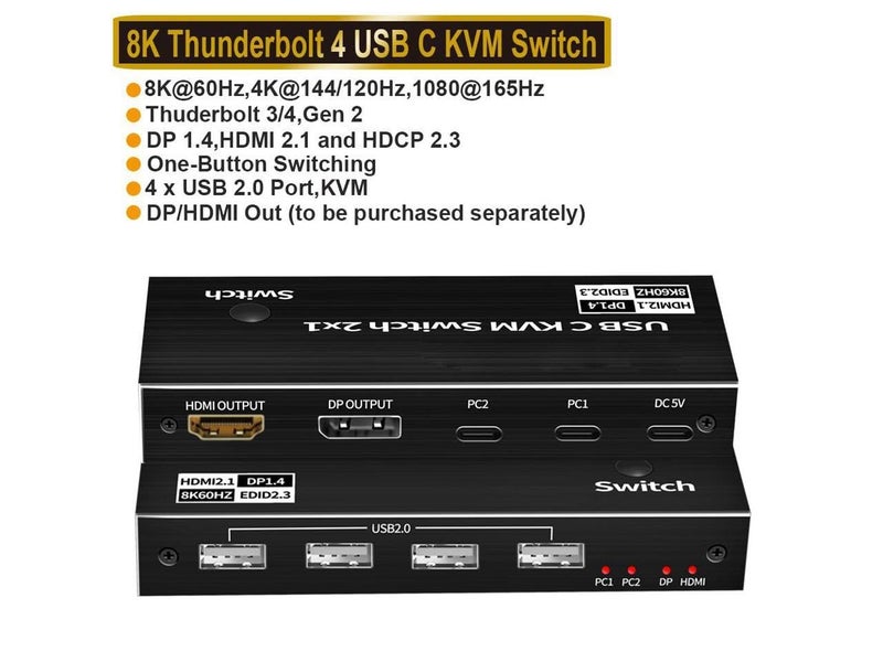 Tobo 2x1 USB-C KVM Switche, HDMI DP KVM Switch USB Switch for 2 Computers Sharing Mouse Keyboard Printer to One HD Monitor, Support 8K@60Hz, 2 USB-C Cables Included TD-1020H - Image 2