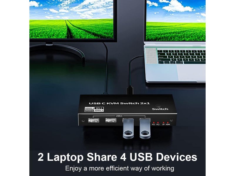 Tobo 2x1 USB-C KVM Switche, HDMI DP KVM Switch USB Switch for 2 Computers Sharing Mouse Keyboard Printer to One HD Monitor, Support 8K@60Hz, 2 USB-C Cables Included TD-1020H - Image 3