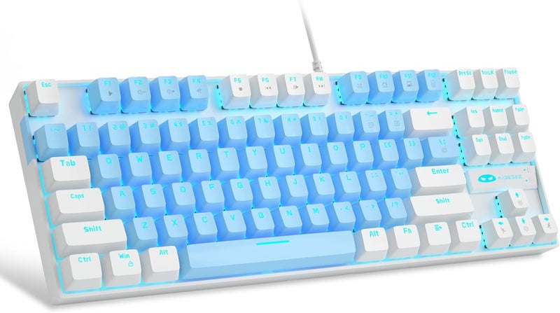 MageGee 75% Mechanical Gaming Keyboard, Blue Switch, LED Blue Backlit, 87 Keys Compact TKL Wired Keyboards for Windows Laptop PC Gamer - Blue/White - Image 1